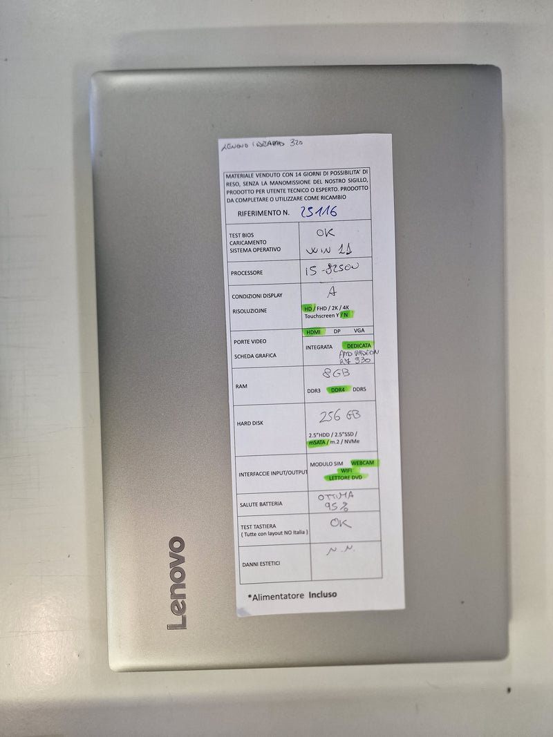 USATO LENOVO IDEAPAD 320 Intel Core i5-8250U 8GB 256GB SSD PC Portatile