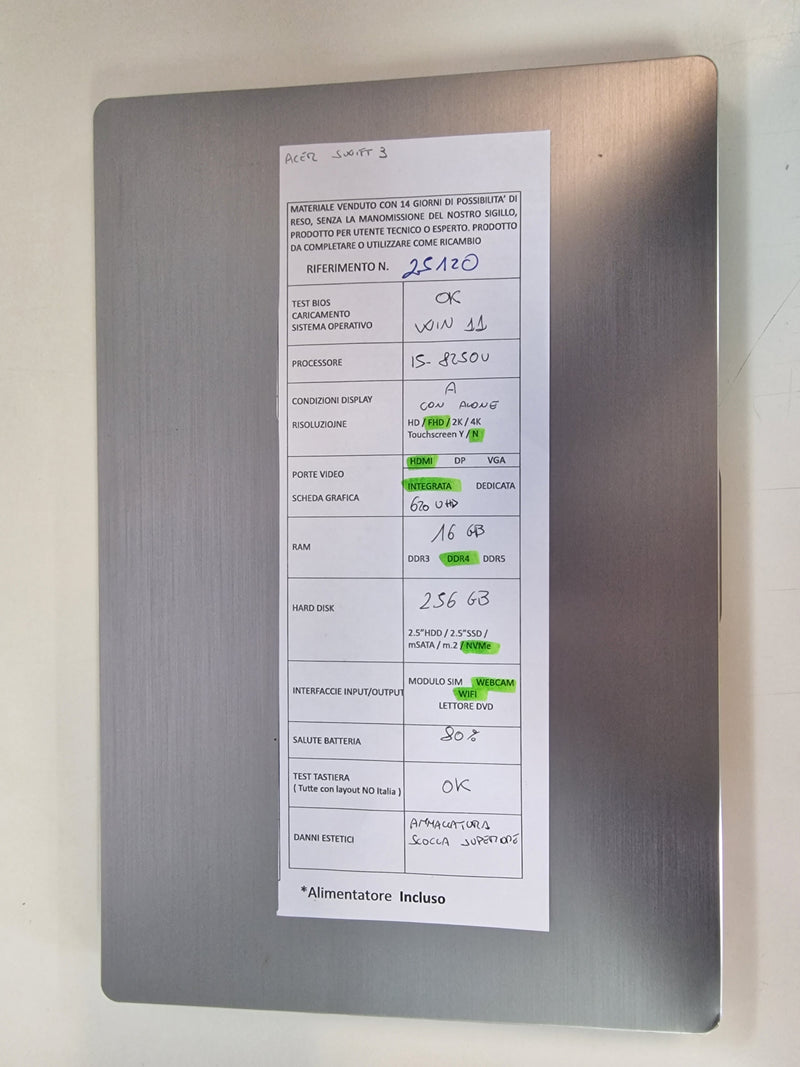 USATO ACER SWIFT 3  • Intel Core i5-8250U 16GB 240GB NVME PC Portatile